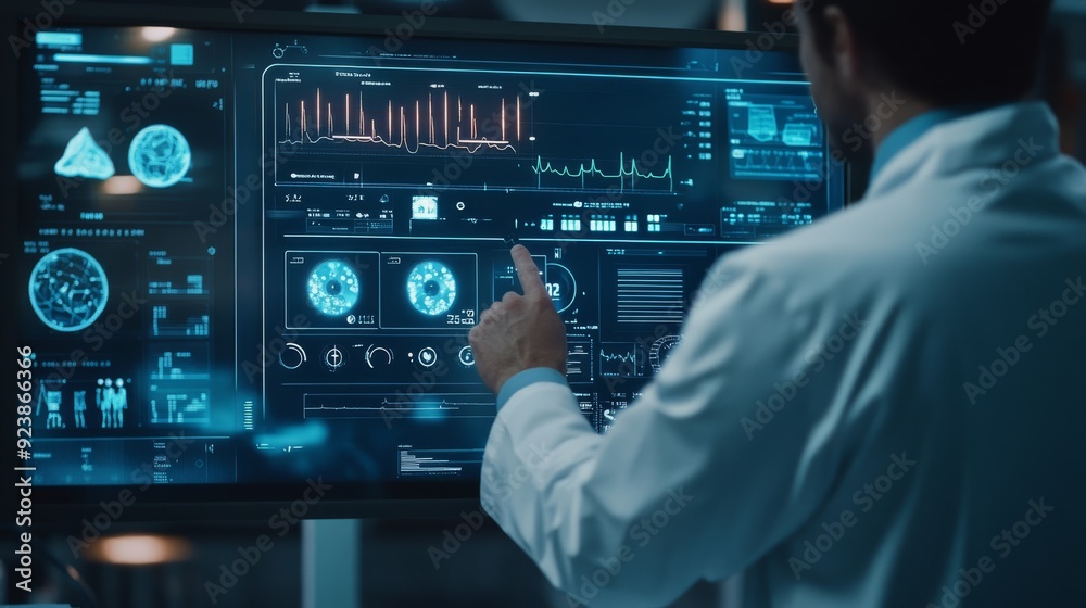 Poster Doctor working with an interactive digital medical interface in a futuristic lab, assessing patient data and visualizing health metrics.