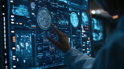 Fototapeta premium Doctor utilizing an advanced digital medical interface to view and analyze real-time health data and interactive visualizations.
