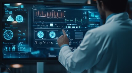 Doctor working with an interactive digital medical interface in a futuristic lab, assessing patient data and visualizing health metrics.