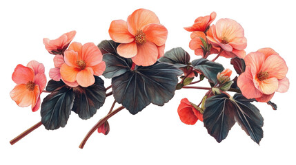 Stunning and clear illustration of begonia flowers, artfully isolated on a transparent background, emphasizing their unique shapes and vivid hues.