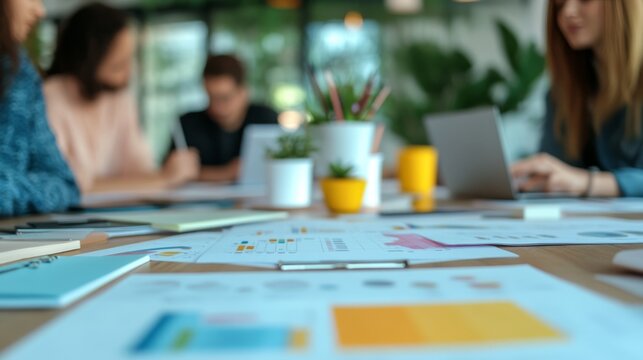 Colleagues brainstorming around a table with various documents