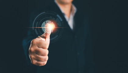 Businessman thumbs up with virtual fingerprint to scan biometric identity and access password...