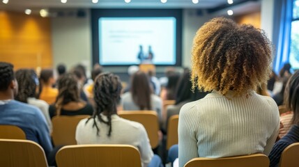 Rear view of a diverse audience seated in a conference room, attentively listening to a speaker on stage with a modern background