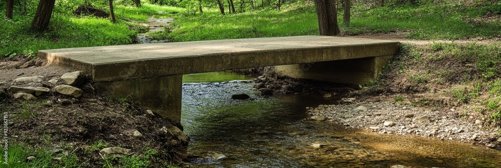 Poster Concrete Bridge Over a Small Creek in a Forest - A concrete bridge spans a small, clear creek flowing through a lush forest, symbolizing transition, connection, nature, tranquility, and simplicity.