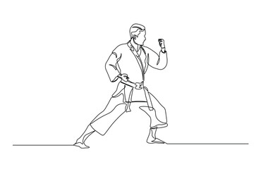 One continuous line drawing karateka fighter in kimono practicing karate kick combat. Karateka sport single line illustration.