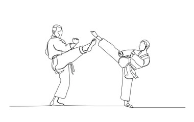 One continuous line drawing karateka fighting. Karateka sport single line illustration.