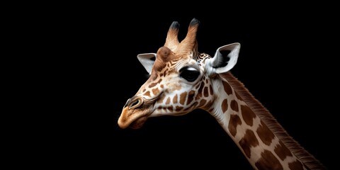 Obraz premium Photo of a giraffe isolated against a black background, emphasising the giraffe's majestic features. Wildlife and conservation concept, space for copy.