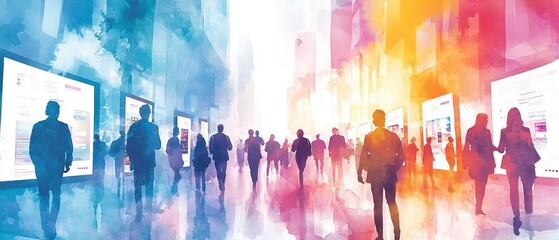 A panoramic view of an online job fair, with recruiters and job seekers interacting through video conferencing booths