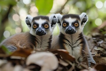 Obraz premium Two curious lemurs with wide eyes sit among leaves in a forest setting.