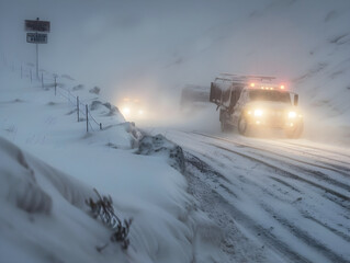 Snow-covered mountain pass with stranded vehicles as a blizzard rages on, creating dangerous conditions.