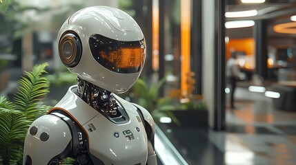Fototapeta premium Kitchen Robot Assistant: A horizontal 16:9 view of a robot assisting with cooking in a sleek smart kitchen, interacting with smart appliances.