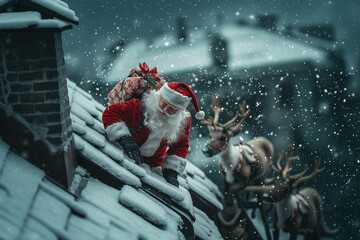 Happy Santa Claus climbs onto a snowy roof with gifts and reindeer nearby during winter snowfall