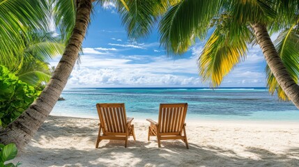 Tropical Paradise Beach with Palm Trees and Wooden Lounge Chairs by the Ocean