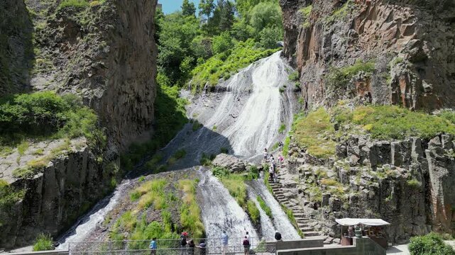Panorama of Jermuk waterfall on Arpa river in Armenia