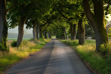 A tree-lined road leading to school on a calm morning with lush greenery and gentle sunlight