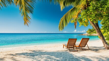 Tropical Paradise Beach with Palm Trees and Two Lounge Chairs Overlooking Turquoise Ocean