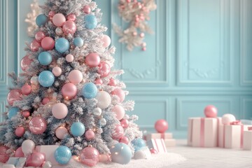A pastel-themed Christmas tree beautifully decorated in a cozy, light-filled room.