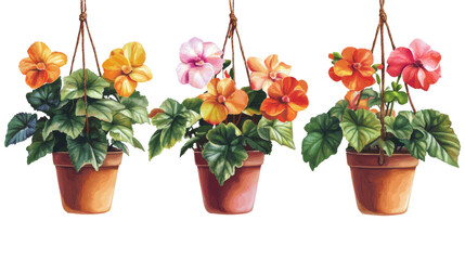 Stunning illustration of vibrant begonia flowers arranged in decorative hanging pots, perfectly isolated on a transparent background for versatile use.