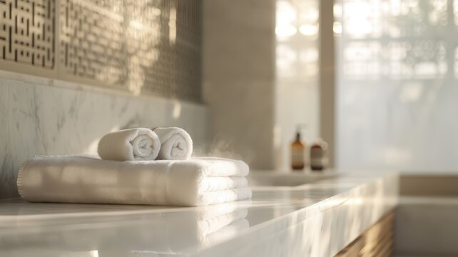 A luxurious Turkish hammam with marble walls and steam.
