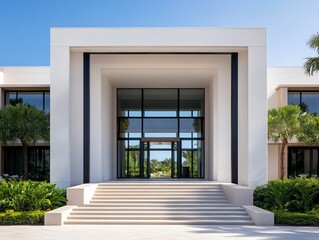 Modern resort entrance with grand staircase, contemporary architecture, and lush landscaping, modern resort, grand arrival