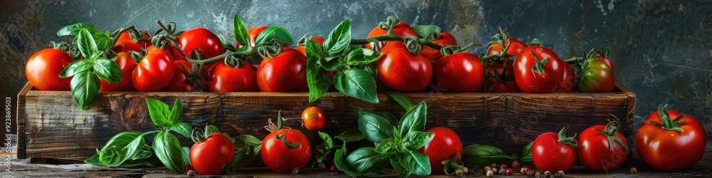 Poster tomato collection accompanied by spicy herbs and seasonings in a wooden crate on a weathered surface