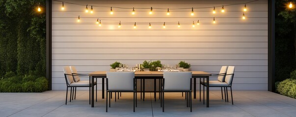 Stylish outdoor dining area with modern furniture and string lights, set under the stars, modern resort, romantic dining