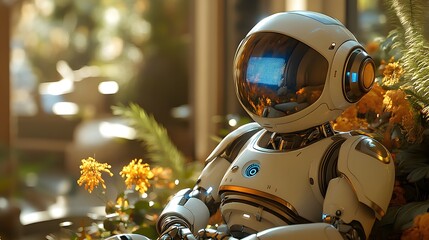 Fototapeta premium Robot Adjusting Thermostat: A wide 16:9 shot of a robot adjusting the smart thermostat in a home, optimizing energy usage and comfort.