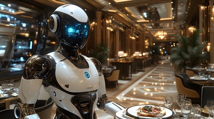 Robot Serving Dinner: A 16:9 image of a robot serving dinner in a smart homes dining room, with smart appliances and lighting creating a perfect ambiance.