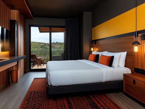 Sophisticated hotel room with a modern ensuite bathroom, king-sized bed, and private balcony, modern resort, upscale accommodations