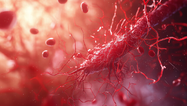 3D rendering of capillaries with flowing red blood cells representing intricate medical concepts