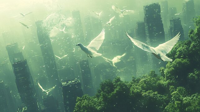 A flock of birds, their wings morphing into shimmering holograms of extinct species, soars above a futuristic cityscape overgrown with vegetation. The city, a testament to the ephemeral nature of