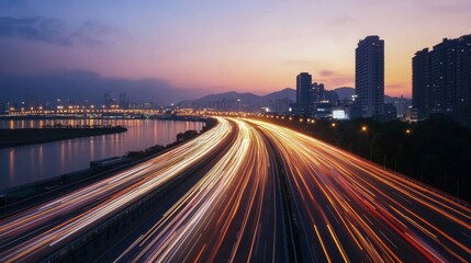Fototapeta premium Long exposure of highway traffic at sunset with streaking lights
