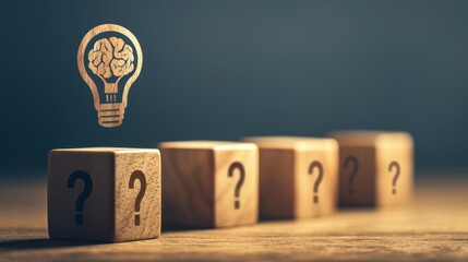 A set of wooden blocks with a brain symbol and a question mark, representing the concept of thinking about a mental health idea using these symbols