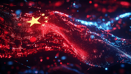 Digital representation of the Chinese flag with binary code and tech elements in a vibrant neon wave pattern