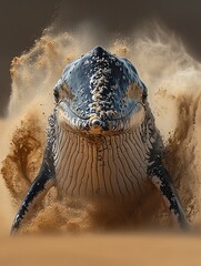 A low-angle view of a whale head as it breaches the desert surface, with dust and sand flying in a cinematic fashion