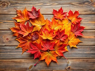 Obraz premium Vibrant orange and red maple leaves artfully arranged in a heart shape on a rustic wooden background, symbolizing love and autumn's beauty.
