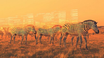 Fototapeta premium A herd of zebras grazes peacefully on a savanna, their distinctive stripes morphing into shimmering bands of data streams as they move. The zebras, seemingly unaffected by the digital augmentation,