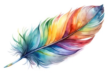 Hand painted watercolor illustration of a feather and color splashes