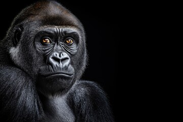 Fototapeta premium Photo of a gorilla isolated against a black background, emphasising the gorilla's majestic features. Wildlife and conservation concept, space for copy.