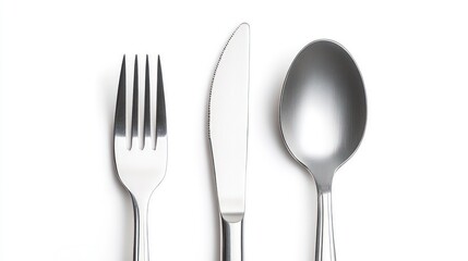A silver fork, knife and spoon on a white background.