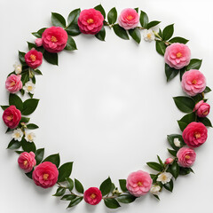 Round frame with pink camellia flowers and green leaves on white background