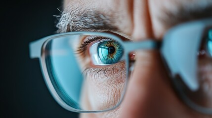This image features a half-face portrait of a person wearing glasses, captured in a close view, emphasizing the clarity, reflection, and importance of vision correction through eyewear.