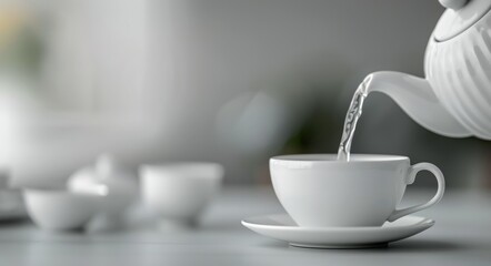 Fototapeta premium Pouring Hot Water Into White Teacup On Wooden Table