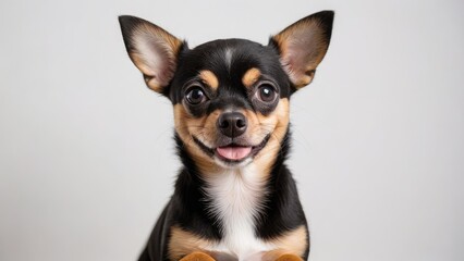 Portrait of Black and Tan Chihuahua dog on grey background