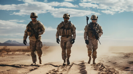 Modern soldiers fully equipped facing during the military operation