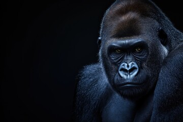 Obraz premium Photo of a gorilla isolated against a black background, emphasising the gorilla's majestic features. Wildlife and conservation concept, space for copy.