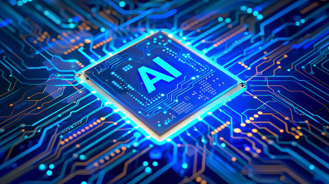 rtificial intelligence (AI) chip set against a circuit board background.