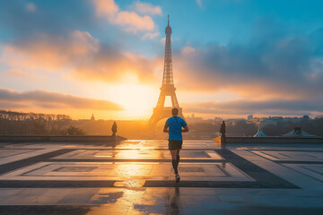 Runner in blue shirt approaches Eiffel Tower at sunrise in Paris
