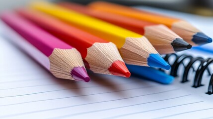 Obraz premium Close-up of Colorful Pencils on a Spiral Notebook A Vibrant Perspective of Creativity and Inspiration