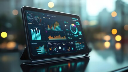 A tablet with a screen displaying various graphs and numbers